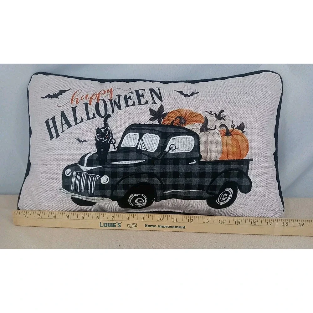 Happy Halloween Throw Pillow‎ Black Cat On Vintage Truck & Pumpkins Fall Pillow